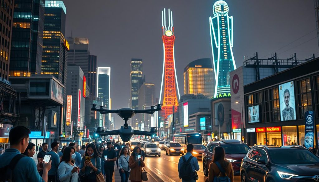 A busy cityscape at night, neon-lit skyscrapers and bustling streets. In the foreground, a group of people making instantaneous, secure micropayments on their smartphones, their transactions represented by a glowing network of digital pulses. The middle ground features autonomous delivery drones and self-driving vehicles, seamlessly integrated into the flow of commerce. In the background, a towering, futuristic structure housing an advanced AI system that powers this intelligent, decentralized ecosystem of autonomous financial transactions. Soft, warm lighting casts an optimistic glow, conveying a sense of technological progress and innovation.