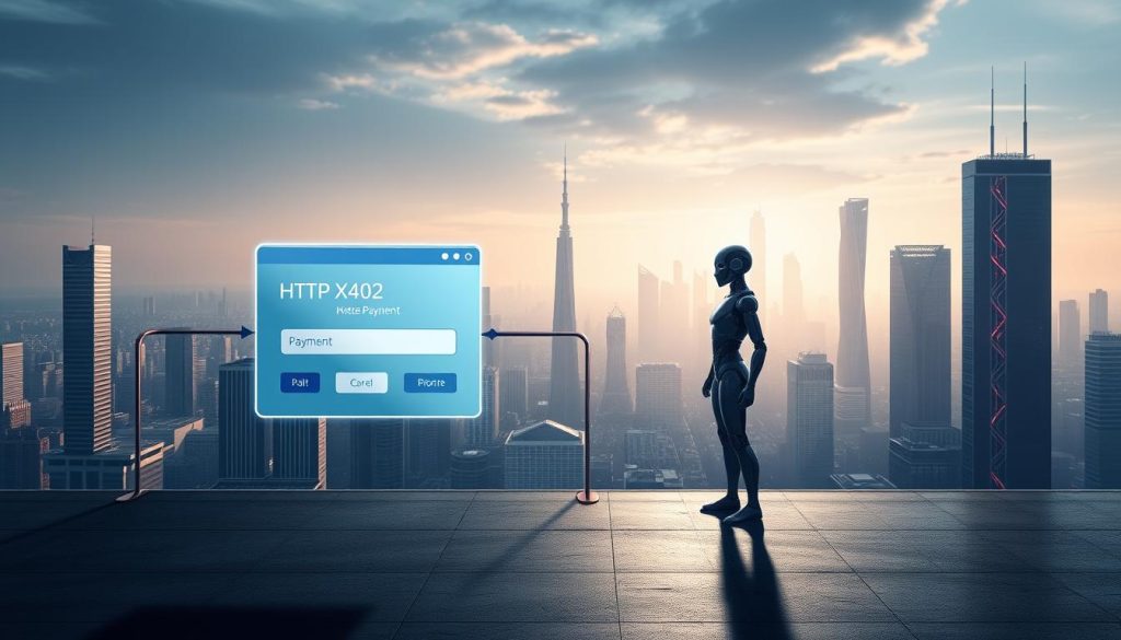 A digital payment flow diagram against a futuristic backdrop. In the foreground, a stylized web browser window displays the secure HTTP payment interface, its sleek design and UI elements reflecting the advanced X402 protocol. In the middle ground, an AI agent stands vigilant, monitoring the transaction, its intelligent algorithms seamlessly integrating with the blockchain infrastructure. In the distant background, a cityscape of gleaming skyscrapers and towering data centers evokes the cutting-edge technology powering this intelligent capital ecosystem. Dramatic lighting casts long shadows, creating a sense of depth and dynamism. The overall mood is one of innovation, efficiency, and technological prowess.