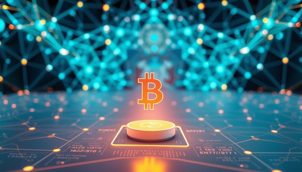A secure digital payment system, with a sleek, minimalist interface. In the foreground, a stylized, glowing cryptocurrency symbol hovers, surrounded by a network of interconnected data streams. The middle ground features a clean, futuristic display showing transaction details, encrypted by advanced cryptography. In the background, a kaleidoscopic array of geometric shapes and gradients, conveying the complexity and dynamism of the digital financial landscape. Soft, warm lighting illuminates the scene, creating a sense of trust and reliability. The overall atmosphere is one of technological sophistication, advanced security, and the seamless integration of finance and innovation.